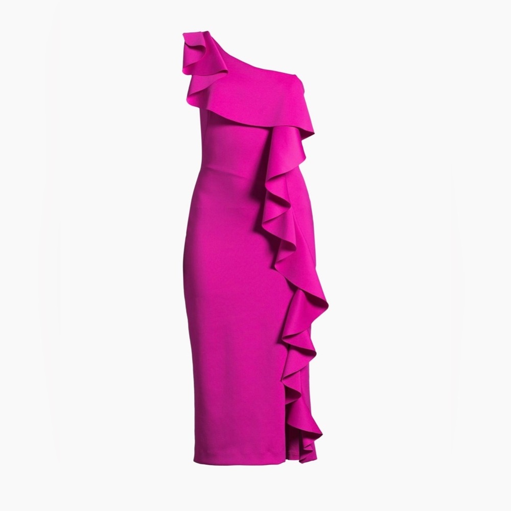 One-Shoulder Fuchsia Ruffle Midi Dress - Picture 2 of 8